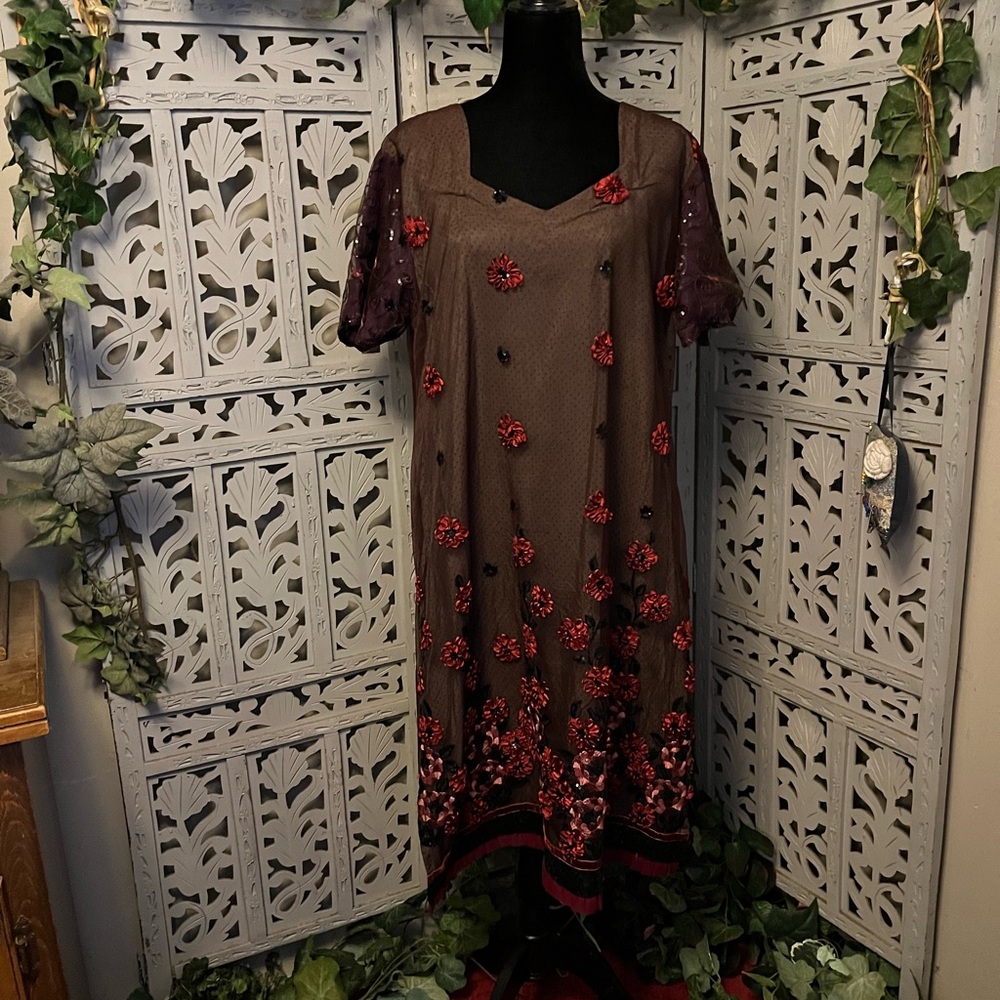 KURTA KOUTURE CHOCOLATE BROWN WITH RED & BLACK FLOWERS AND PURPLE SHORT SLEEVES
